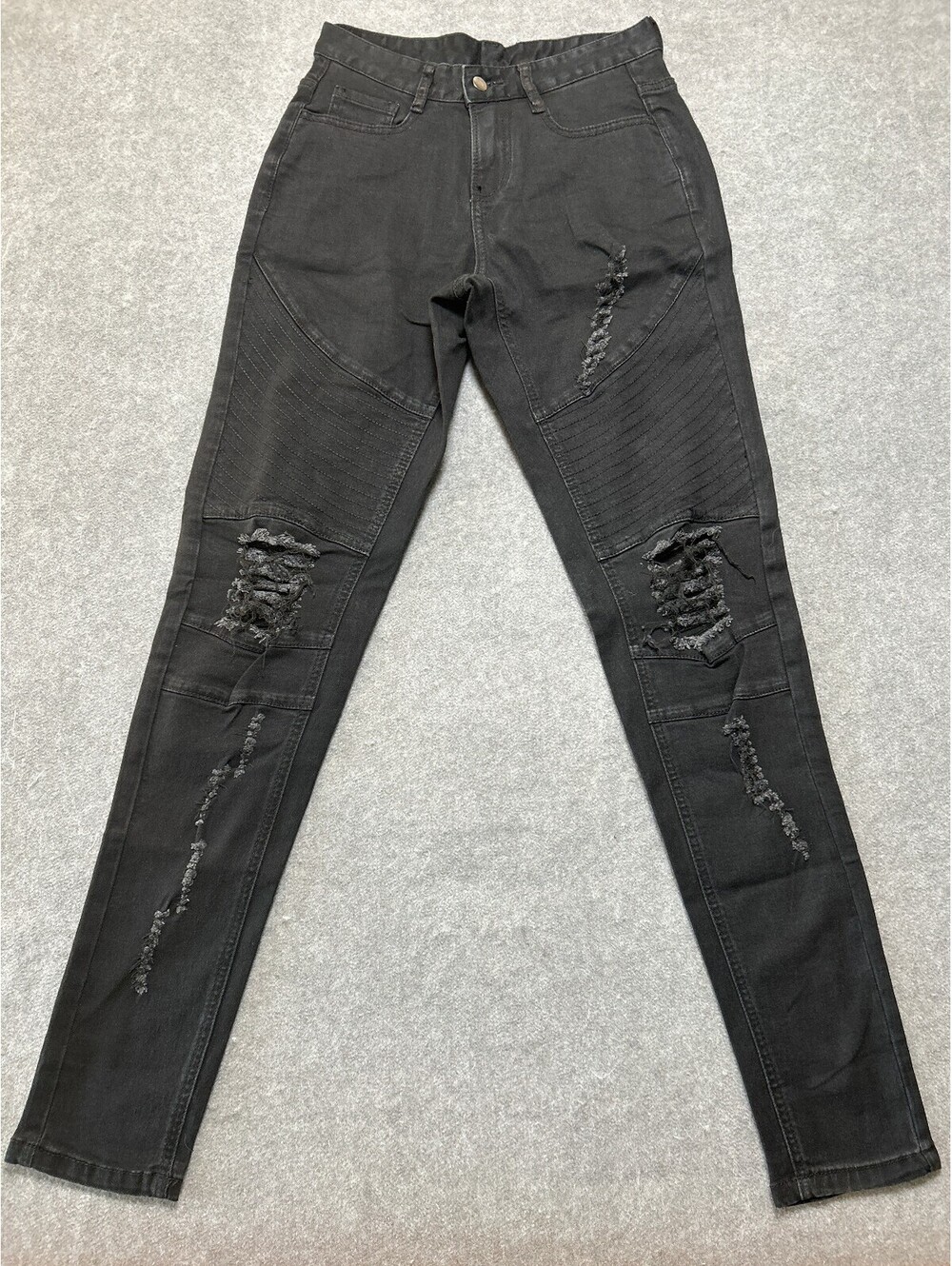Womens Black Distressed Moto Skinny Jeans Punk Grunge Biker Stretch Pants Size S